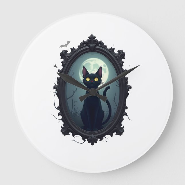 Haunted Cat Mirror Large Clock (Front)