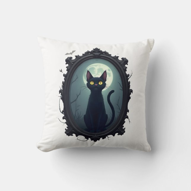 Haunted Cat Mirror Throw Pillow (Front)