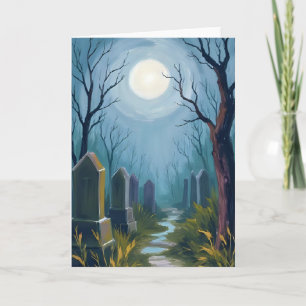 Haunted Cemetery Halloween Spooky Painting Holiday Card