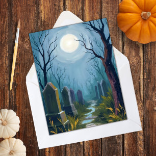 Haunted Cemetery   Halloween Spooky Painting Holiday Card