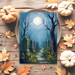 Haunted Cemetery   Halloween Spooky Painting Holiday Postcard