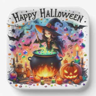 Haunted Colourful Happy Halloween Witch Paper Plat Plate