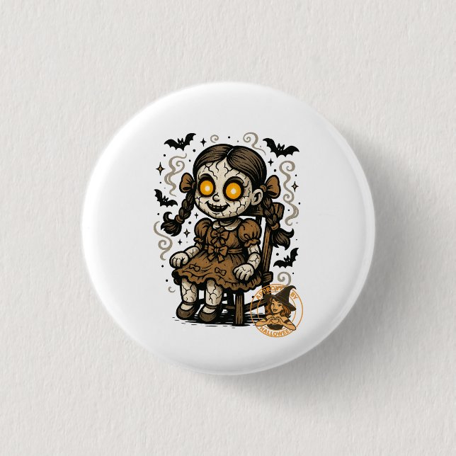 Haunted Doll – Halloween Cartoon 1 Inch Round Button (Front)