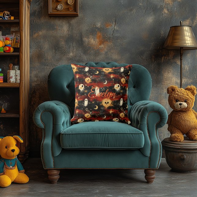 Haunted Eclipse Halloween with Ghosts and Moons Throw Pillow (Creator Uploaded)