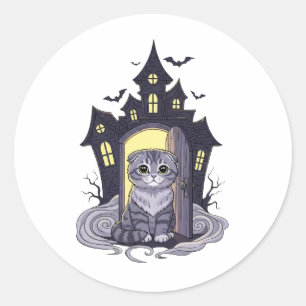 Haunted Fold House – Scottish Fold Cat Halloween Classic Round Sticker
