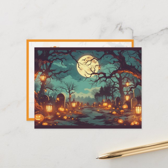 Haunted Forest Path at Halloween Night Holiday Postcard (Front/Back In Situ)