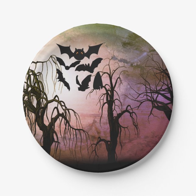 Haunted Forest with Bats Cartoon Paper Plate (Front)