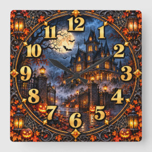 Haunted Gothic Manor Halloween Night Square Wall Clock