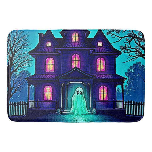 Haunted Halloween Ghost House Design Bath Mat (Front)