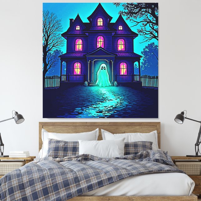 Haunted Halloween Ghost House Design Canvas Print (Insitu(Bedroom))