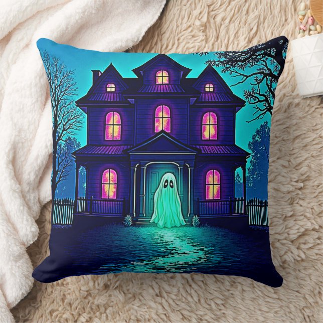 Haunted Halloween Ghost House Design Throw Pillow (Blanket)
