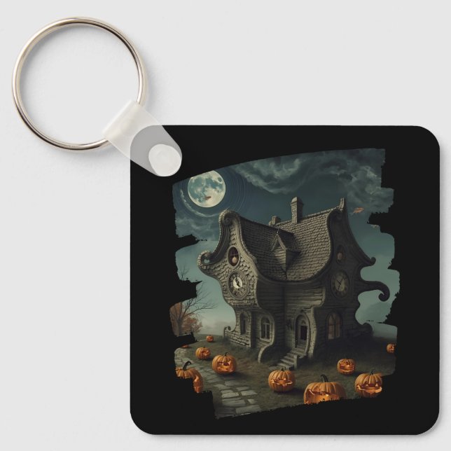 Haunted Halloween House with Pumpkins & Full Moon Keychain (Front)