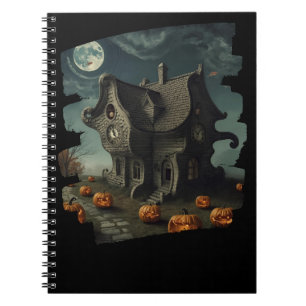 Haunted Halloween House with Pumpkins & Full Moon Notebook