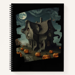 Haunted Halloween House with Pumpkins & Full Moon Notebook