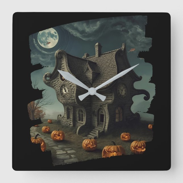 Haunted Halloween House with Pumpkins & Full Moon Square Wall Clock (Front)