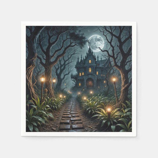 Haunted Halloween Mansion In Moonlight Napkin (Front)