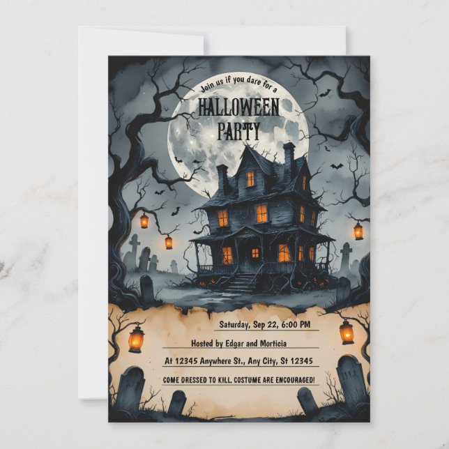 Haunted Halloween Night, Full Moon, Scary Invitation (Front)