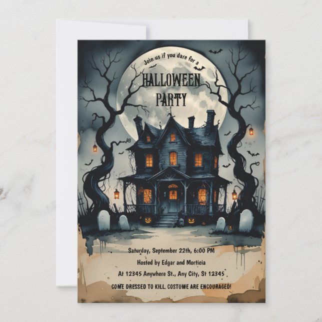 Haunted Halloween Night, Full Moon, Scary Invitation (Front)