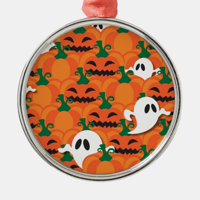 Haunted Halloween Pumpkin Patch Ghosts Metal Ornament (Front)