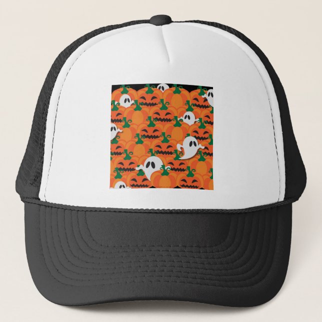 Haunted Halloween Pumpkin Patch Ghosts Trucker Hat (Front)