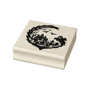 Haunted Halloween scene in spooky Ghoul Rubber Stamp