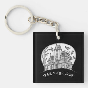 Haunted House and Bats Halloween Keychain