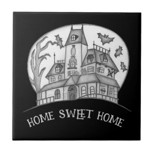 Haunted House and Bats Halloween Tile