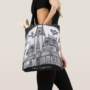 Haunted House and Bats Halloween  Tote Bag