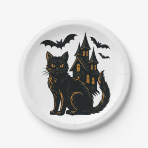 Haunted house and cat Paper Plate