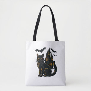 Haunted house and cat tote bag