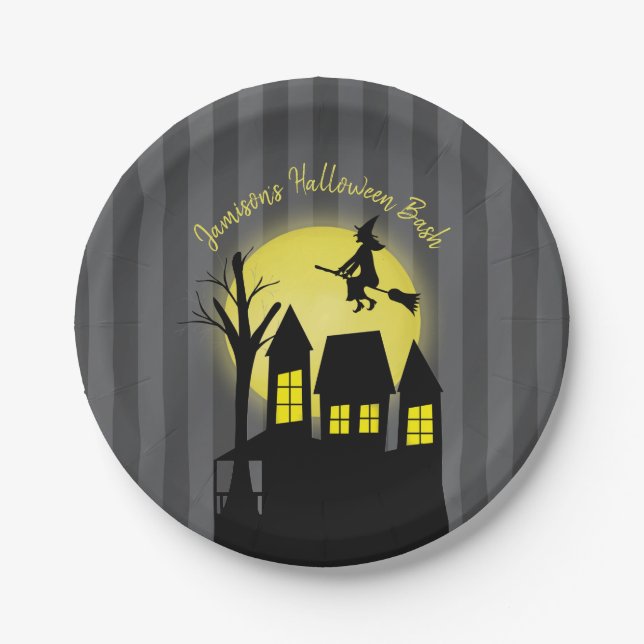 Haunted House and Flying Witch with Moonlight Paper Plate (Front)