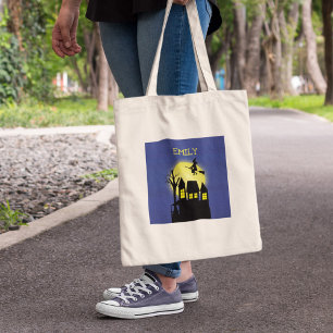Haunted House and Flying Witch with Moonlight Tote Bag