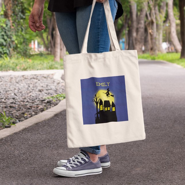 Haunted House and Flying Witch with Moonlight Tote Bag (Halloween haunted house witch moon trick or treat tote bag with spooky design.)