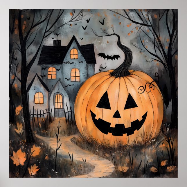 Haunted House and Giant Pumpkin Halloween Poster (Front)