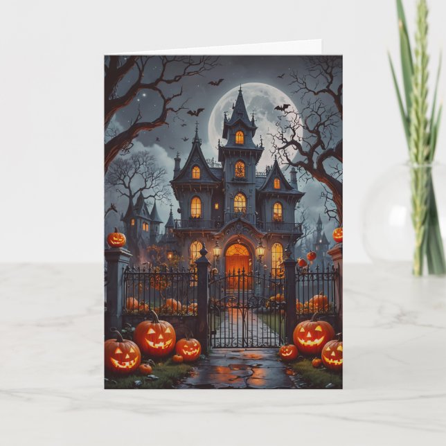 Haunted House and Jack O' Lanterns Halloween Holiday Card (Front)