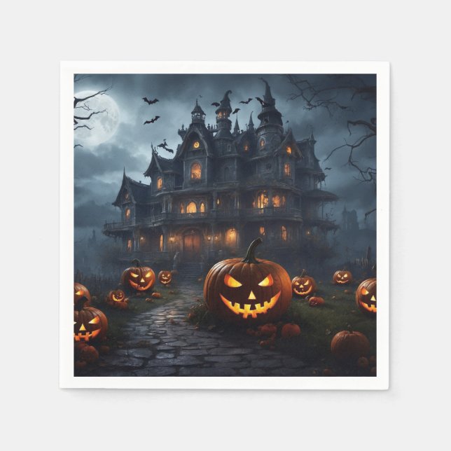 Haunted House and Jack-O-Lanterns  Napkin (Front)