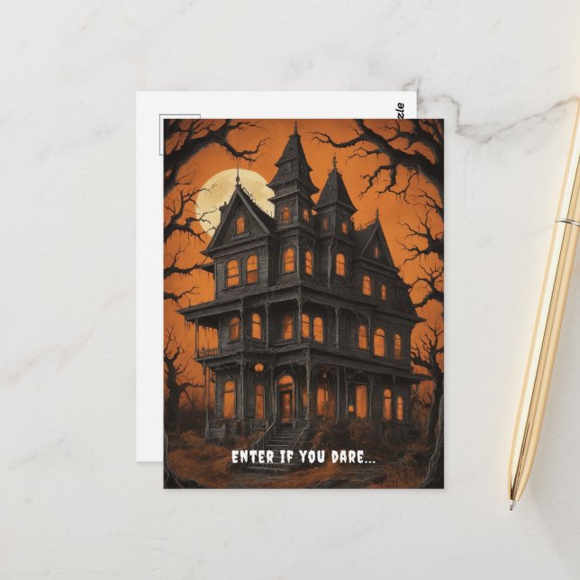 Haunted House at Night Halloween  Postcard (Front/Back In Situ)