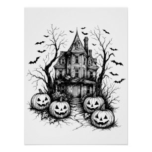 Haunted House Black and White Halloween Poster