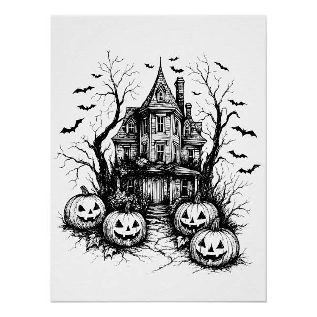 Haunted House Black and White Halloween Poster (Front)