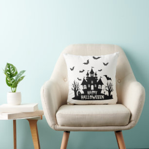 Haunted House Black & White Happy Halloween Throw Pillow