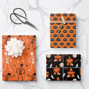 HAUNTED HOUSE, DANCING SKELETON AND SPIDERS WRAPPING PAPER SHEET