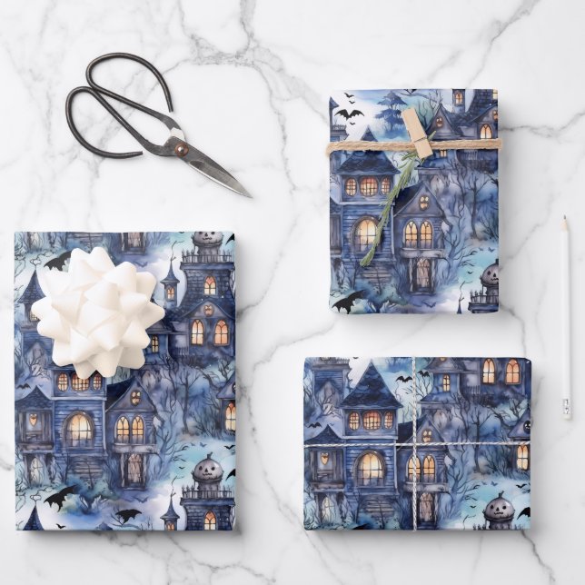 Haunted House Elegant Halloween Wrapping Paper Sheet (Front)