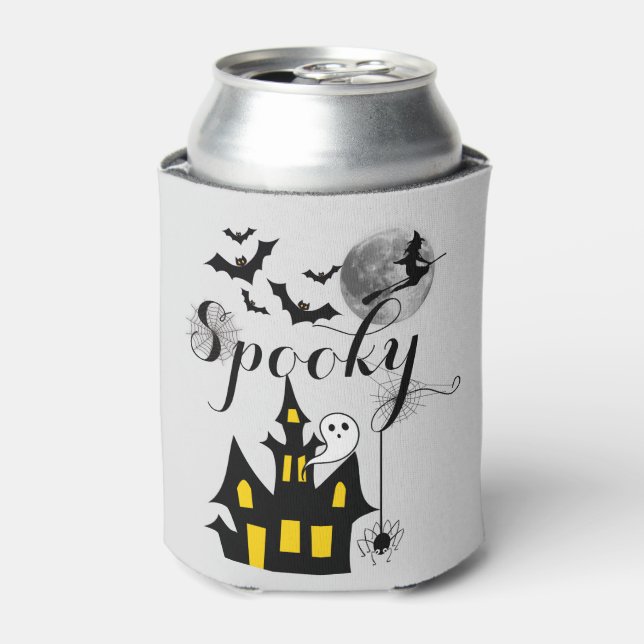 Haunted House Flying Witch Spooky Halloween Can Cooler (Can Front)