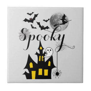 Haunted House Flying Witch Spooky Halloween Tile