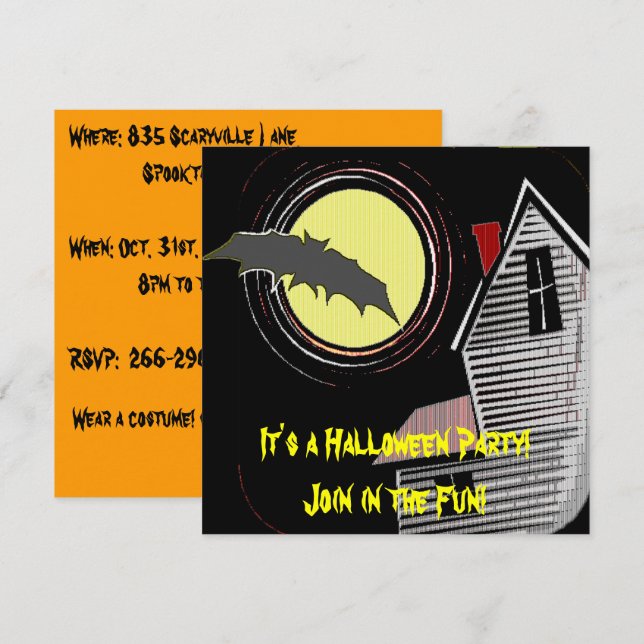 Haunted House Full Moon and Bat Invitation (Front/Back)