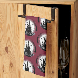 Haunted House Full Moon Bats Happy Halloween Kitchen Towel
