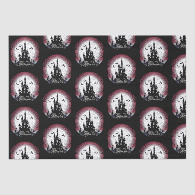 Haunted House Full Moon Bats Happy Halloween Tissue Paper (Front)
