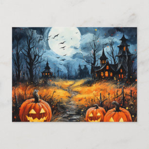 Haunted House Full Moon bats pumpkins Halloween Holiday Postcard