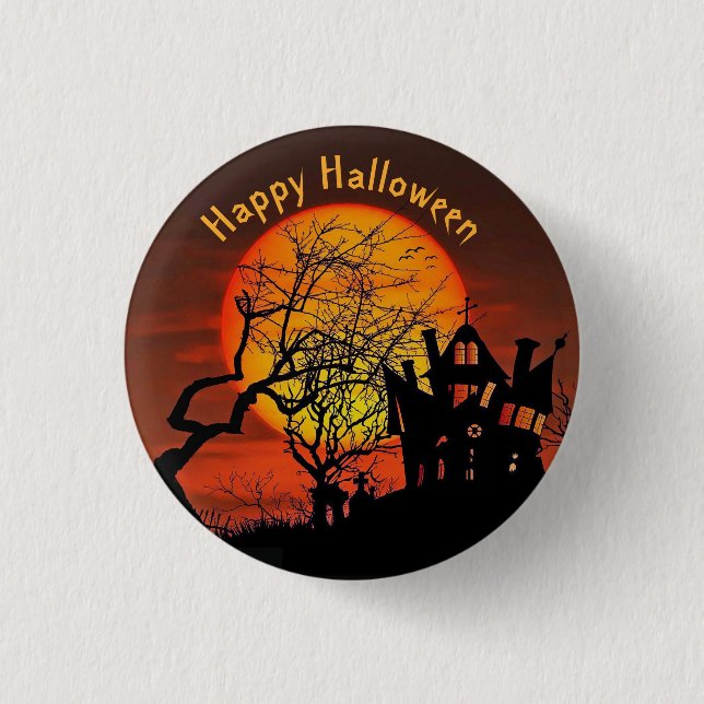 Haunted House Full Moon Graphic Halloween 1 Inch Round Button (Front)