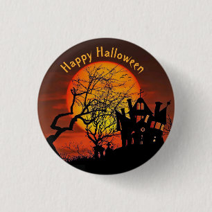 Haunted House Full Moon Graphic Halloween 1 Inch Round Button